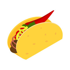 Icon in isometric style. Mexican food icon. Taco with meat, red onion, cheese and hot pepper .Vector illustration isolated on white background.