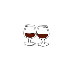 Two wine glasses isolated on a white background. Wine glasses painted by hand. Doodle style, vector illustration