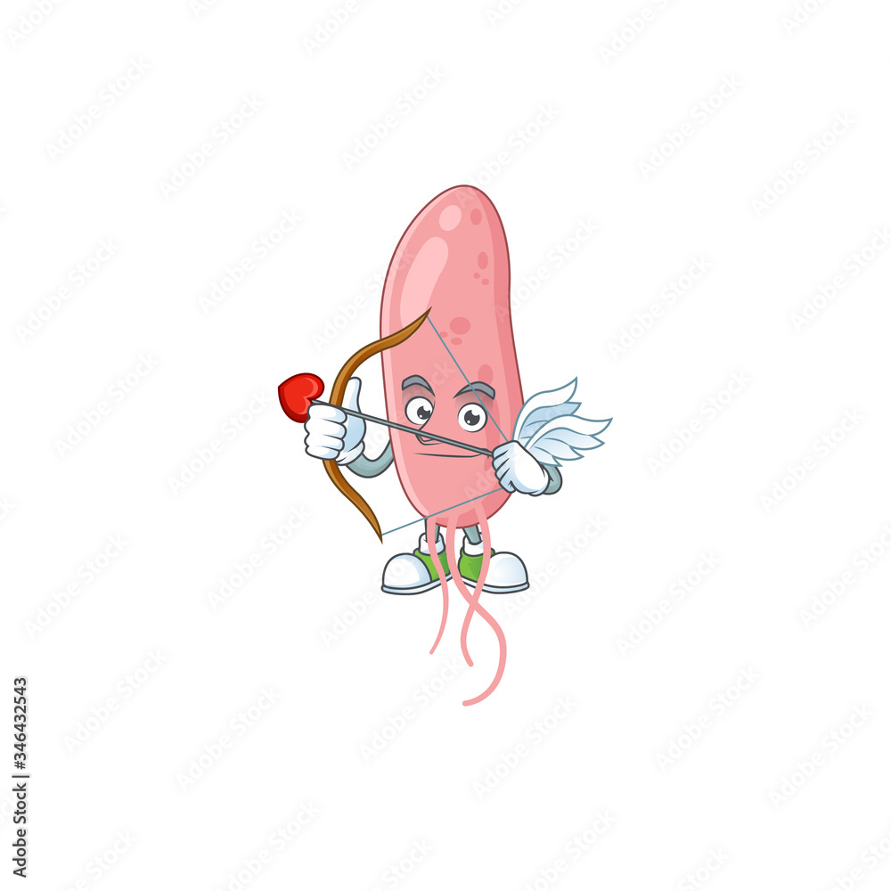 Sticker Charming picture of vibrio cholerae Cupid mascot design concept with arrow and wings