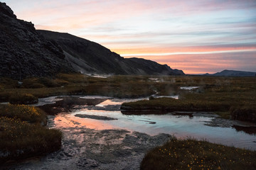Sunrise reflection in volcanic area