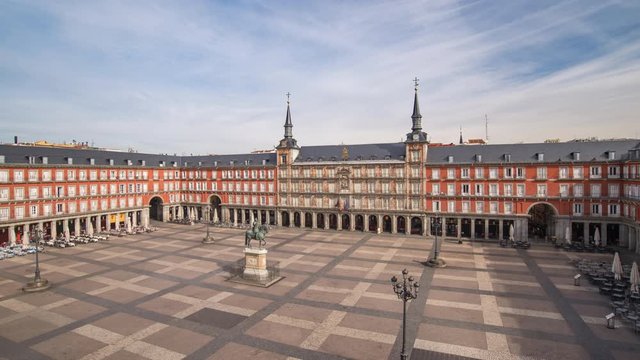 Madrid Spain time lapse 4K, city skyline timelapse at Plaza Mayor nobody empty due to Coronavirus Covid-19 lockdown