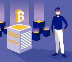 Man with mask and bitcoins boxes vector design