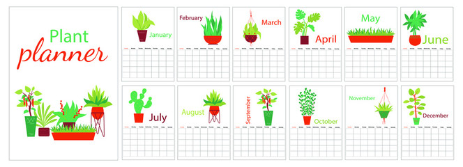 Plants planner of the month. Big plants collection. House plants. Hand drawn vector art. Set of  vector house indoor plant