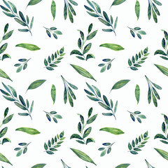 Green gentle leaves, spring summer floral elements seamless pattern
 on a pink background .
 Stock illustration. Hand painted in watercolor.
