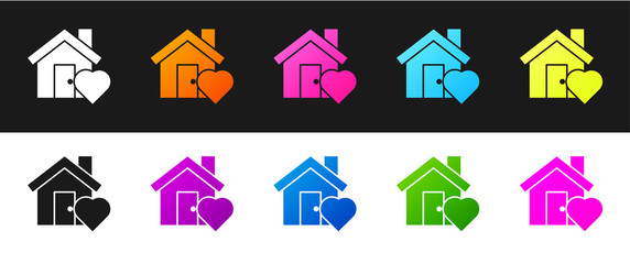 Set House with heart shape icon isolated on black and white background. Love home symbol. Family, real estate and realty. Vector Illustration