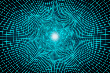 Green infinite  round tunnel of shining electronic lines on black background. 3d rendering, glowing lines, tunnel, neon lights, virtual reality..Design in the style of the 80s.