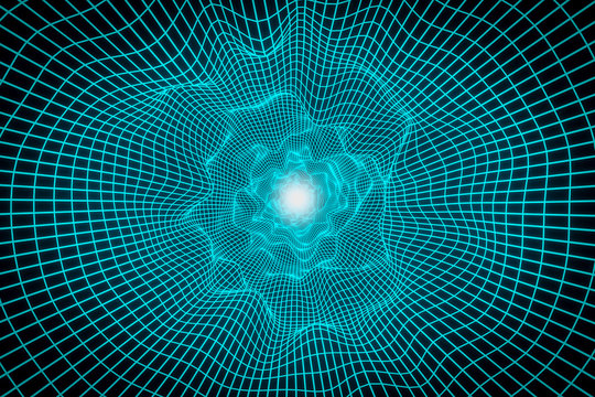 Green infinite round tunnel of shining electronic lines on black background. 3d rendering, glowing lines, tunnel, neon lights, virtual reality..Design in the style of the 80s.