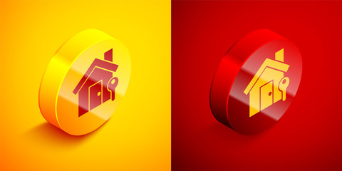Obraz premium Isometric House with key icon isolated on orange and red background. The concept of the house turnkey. Circle button. Vector Illustration