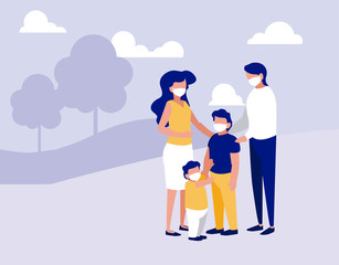 Family with masks at park with trees vector design