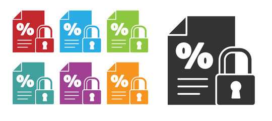 Black Finance document and lock icon isolated on white background. Paper bank document for invoice or bill concept. Set icons colorful. Vector Illustration