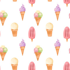 Cute ice cream in a waffle glass on a white background. Textural digital seamless pattern. Print for fabrics, stationery, banners, posters, cards, invitation, wrapping paper.