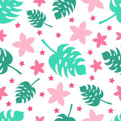 Monstera leaves and flowers vector seamless pattern. Tropical palm and flower seamless textures.  Textiles, wrapping paper, wallpaper design, packaging. Isolated objects on a white background.
