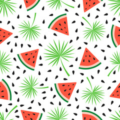 Fan palm and slices of watermelon vector seamless pattern. Tropical leaf and fruit seamless textures.  Textiles, wrapping paper, wallpaper design, packaging. Isolated objects on a white background.