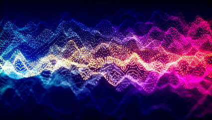 Abstract Particle Surface on Dark Background. Science or Technology Banner. Space Cyber Background. Particles with Depth of Field Effect - 3D rendering.