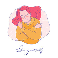 Love yourself. Illustration of a woman hugging herself.