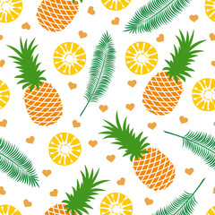 Coconut palm leaf and pineapple vector seamless pattern. Tropical leaf and fruit seamless textures.  Textiles, wrapping paper, wallpaper design, packaging. Isolated objects on a white background.