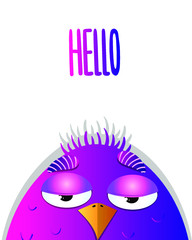 Cartoon cute purple bird fase with big eyes. Vector stock illustration. Design of cards, t-shirts, websites. Funny animals.