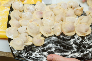 Dumplings, cooked at home, lie on a plate, sprinkled with flour.