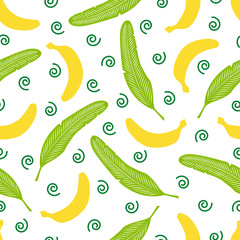 Banana leaf and fruit vector seamless pattern. Tropical leaf and banana seamless textures.  Textiles, wrapping paper, wallpaper design, packaging. Isolated objects on a white background.