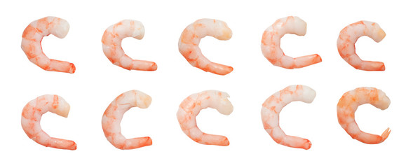 Set of shrimps or prawns isolated on white background