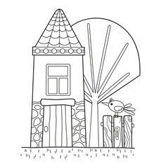 Cartoon coloring page with cute house and fairy bird. Vector illustration
