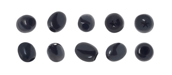 Set of black olives isolated on white background