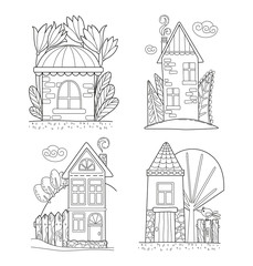 Set of four cartoon coloring page with cute houses. Vector illustration