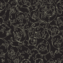 Fototapeta premium Vector floral black seamless texture with white contour flowers. EPS 10 seamless pattern