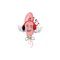 Cartoon mascot design vibrio cholerae enjoying music with headset