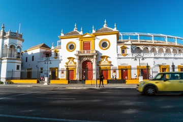 Famous, historic bull ring called Plaza de Toros in Seville, Andalucia, Spain