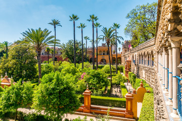 Moorish architecture of beautiful castle called Real Alcazar in Seville, Spain
