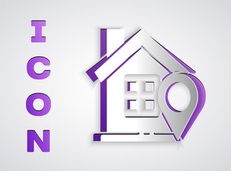 Paper cut Map pointer with house icon isolated on grey background. Home location marker symbol. Paper art style. Vector Illustration