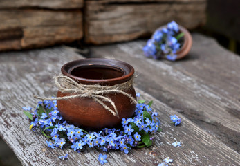 Amazing spring blue forget-me-not flowers on vase, wooden background
