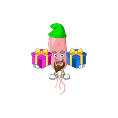 A smiling vibrio cholerae cartoon design having Christmas gifts