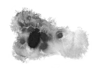 Art of Watercolor. Black spot on watercolor paper. Abstract gray spot on white background. Ink drop. Gray color. 