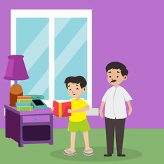 Learning from home, father watching his child who is studying, ad helping school boy. Flat style cartoon vector illustration isolated on white background.