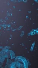 Digital currency symbol Bitcoin on a dark background. Fall of bitcoin. crypto currency graph on virtual screen. Business, Finance and technology concept. 3D illustration