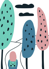 A girl with pink hair and backpack is goin to the woods. Hand drawn travel sketch illustration. Pastel coloured A4 poster. Kids simple adventure art. Brave woman trip. Cyan, blue, white, black. EPS10.