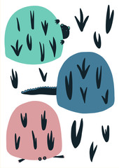 Cute monsters are hiding behind hills with bushes. Simple kids drawing with pastel colours. Pink, cyan and blue with black elements and white background. Children poster. Funny illustration. EPS 10.