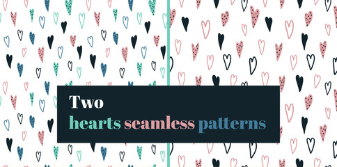 Seamless cute hand drawn heart pattern on white background. Sketch set valentine day vector repeat image. Pastel colours, children art. Print for apparel, textile, clothes, dishes, cover. EPS 10.