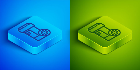 Isometric line Medicine bottle icon isolated on blue and green background. Bottle pill sign. Pharmacy design. Square button. Vector Illustration