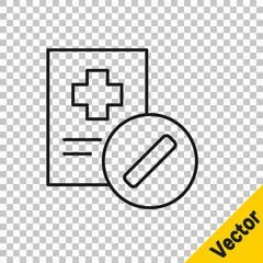 Black line Medical prescription icon isolated on transparent background. Rx form. Recipe medical. Pharmacy or medicine symbol. Vector Illustration