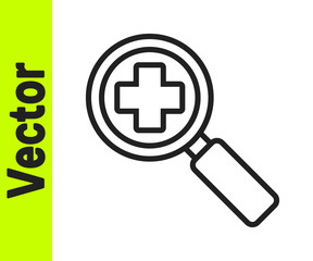 Black line Magnifying glass for search medical icon isolated on white background. Hospital search. Vector Illustration