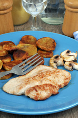 Veal cutlet with fried potatoes served in a plate