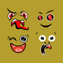 The expression of an enraged monster. Vector illustration, face for a fantastic creature. Constructor of a cute little monster for the designer. A set of faces for a cartoon demon. 