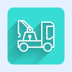 White line Tow truck icon isolated with long shadow. Green square button. Vector Illustration