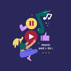 Girl holding play button flat vector illustration. Modern recreation, music and video streaming design.