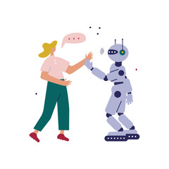 Woman talking and hands shake with robot. Concept future business illustration. Flat cartoon vector style illustration.