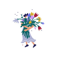 Obraz premium Young woman with a bouquet of flowers in her hands. Flat cartoon vector style illustration. 