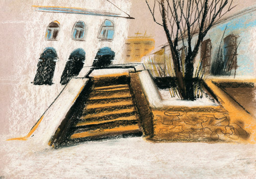 City attraction in Yekaterinburg. Hand drawn pastel and paper. Plotinka.